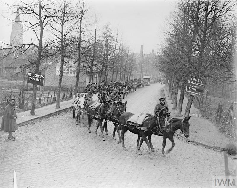 IWM Q 10271 Mule-drawn artillery column passing through Poperinghe