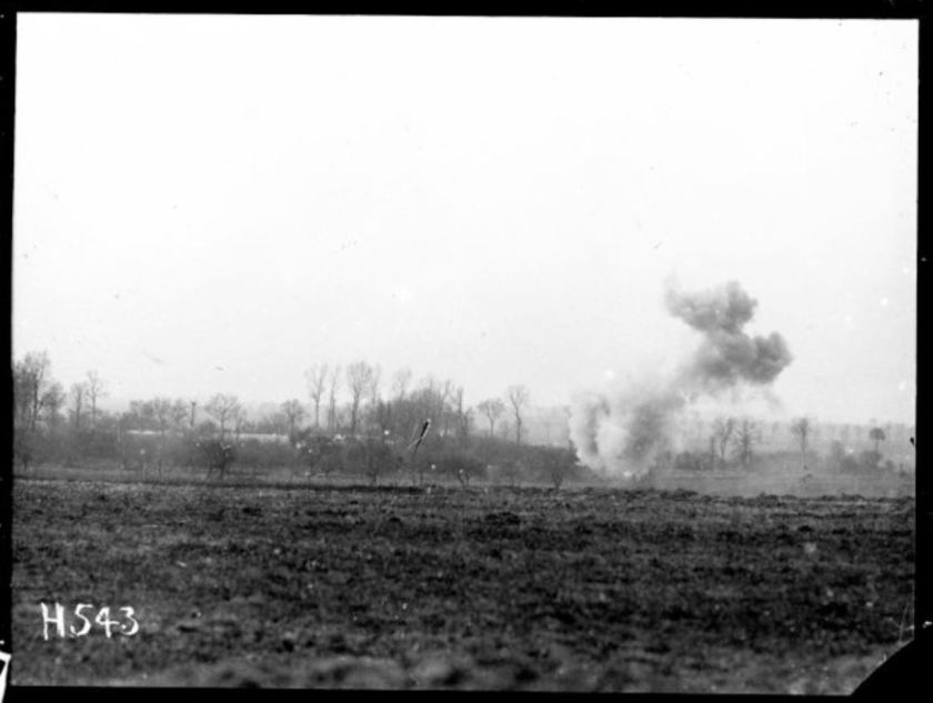 nzlimage 1-4 009514-G exploding 5.9 shell causes a large cloud, NZ reserve line near Courcelles, 4 May 1918