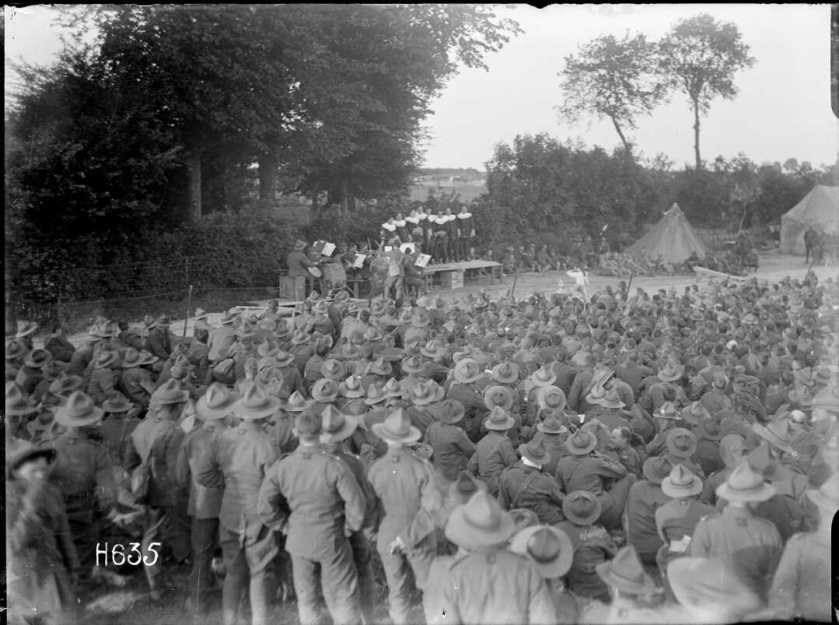 nlnzimage 1-2 013242-G Army entertainment troupe playing to NZers, Louvencourt, 3 June 1918